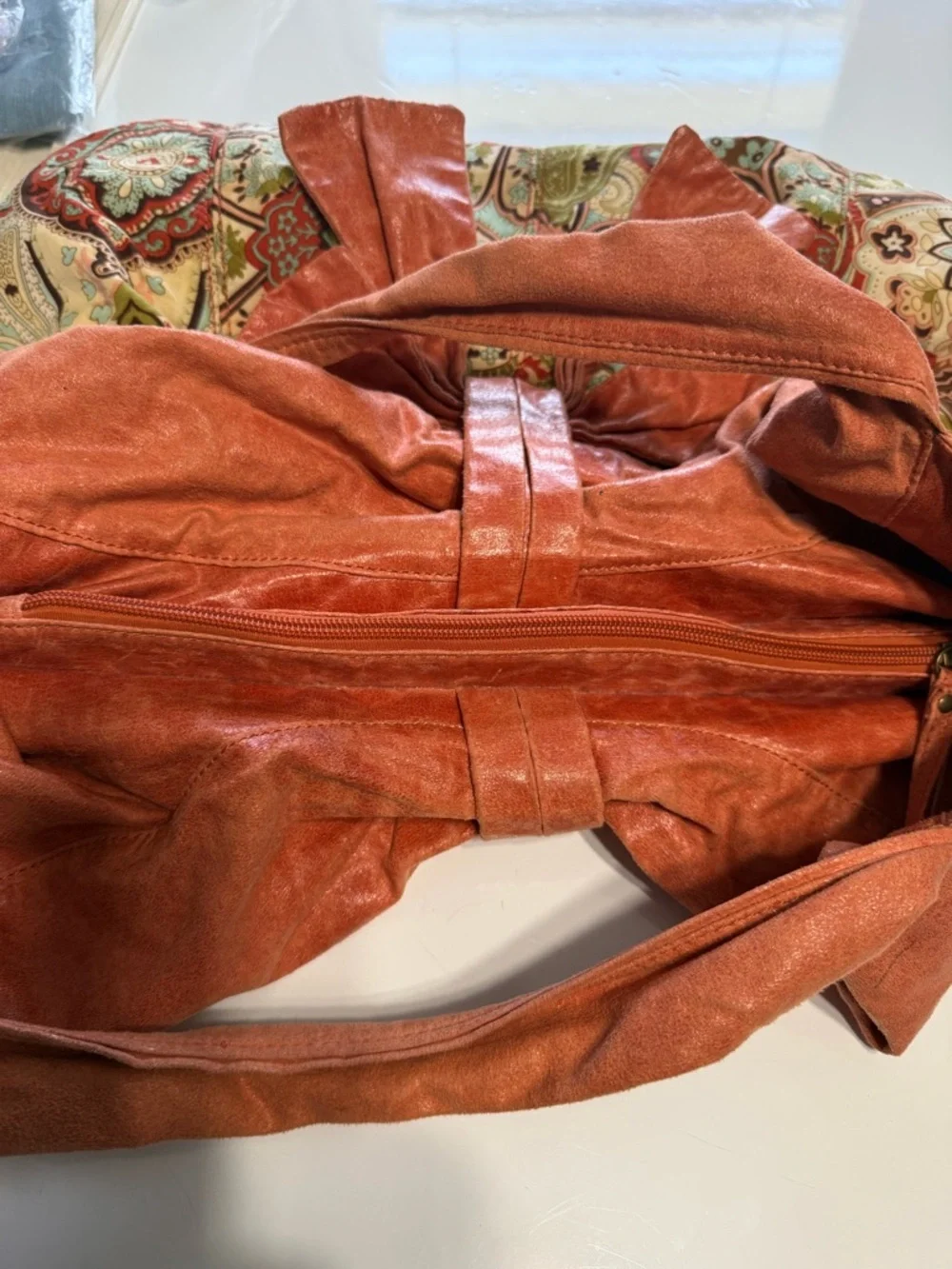 Ebisu Boho Paisley Print Hobo Bag with Large Bow Accent Orange Coral
